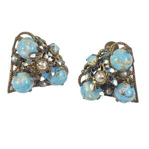 Vintage Czech Brass Turquoise Glass Cabochon Screw Back Earrings 3/4"